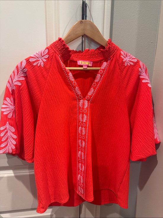 THML Tops - THML Red Embroidered Ruffled-Neck Women's Top